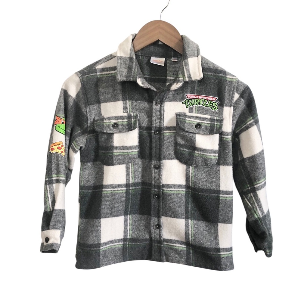 Nickelodeon Mikey TNMT Flannel Gray, White & Green Plaid Kids Shacket Jacket